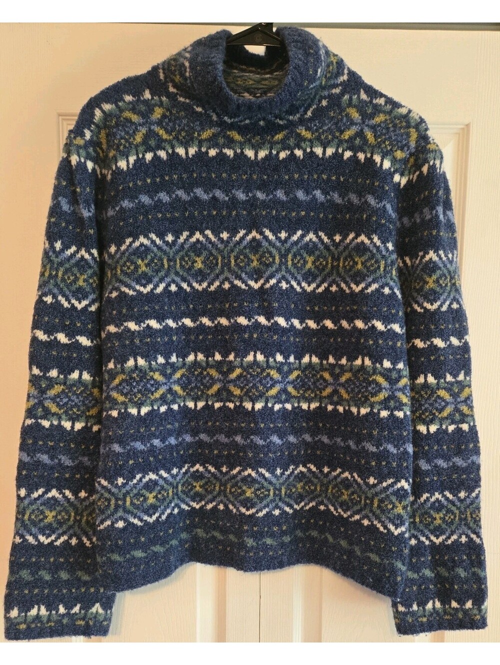 Vtg Neve Designs Fair Isle Nordic Turtle Neck Knit Sweater Sz L Wool Blend Soft